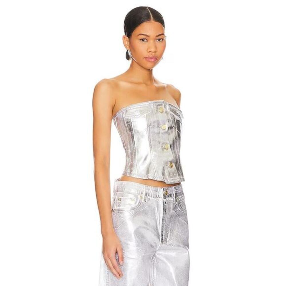 GANNI‎ Foil Corsage Corset Top Size 36 Silver Metallic Organic Cotton Coquette